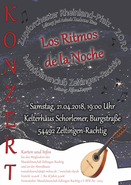 Los Ritmos de la Noche - Konzert des ZORP am 21.04.2018 um 19:00 Uhr in Kooperation mit dem Mandolinenclub Zeltingen-Rachtig im Kelterhaus Schorlemer.